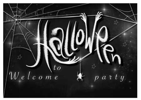 Welcome to the Halloween party. Calligraphy Halloween party lettering in white chalk on black chalkboard. Drawing for a flyer, banner, Halloween invitation. Halloween chalk drawingの写真素材
