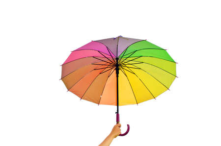 Hand with umbrella isolated on white background の写真素材