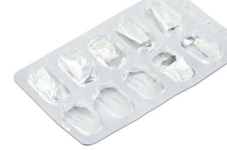 close up of pill package on white backgroundの写真素材