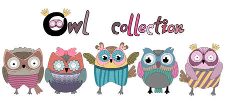 A collection of colorful owls, doodle style designs that can be applied to a wide variety of applications such as stickers, digital printing, digital paper, fabric print, pocket pattern, shirt patternのイラスト素材