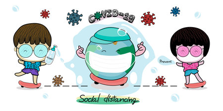 Doodle style corona virus protection vector illustration designed for publicity, advertising, masking, social aloofness and alcohol hand washing. To prevent the spread of the corona virusのイラスト素材