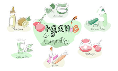 Doodle organic cosmetics including skincare, lipstick, sleep mask, lotion, moisturizer, face wash. That is suitable for beauty and can be adapted to a variety of tasksのイラスト素材