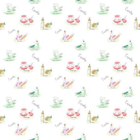doodle Cosmetics Seamless is a skin care product that contains natural extracts such as lip stick, cleansing foam, serum, sleeping mask, moisturizerのイラスト素材