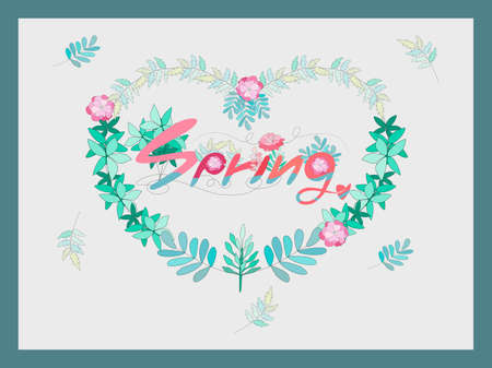 Illustration (Spring) Hand lettering includes leaves and flowers.Doodle style design for backgroundsのイラスト素材
