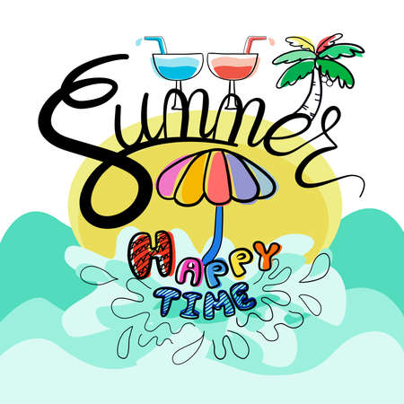 Vector illustration (summer) designed in doodle style, colorful tones, during the holidays, suitable for cards, backgroundsのイラスト素材