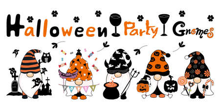 Halloween party cute gnomes designed in orange black and white tone for Halloween decorations, T-shirts, mugs, pillows, stickers, cards, backgrounds, blanket designs, Halloween for kids, wallpaperのイラスト素材