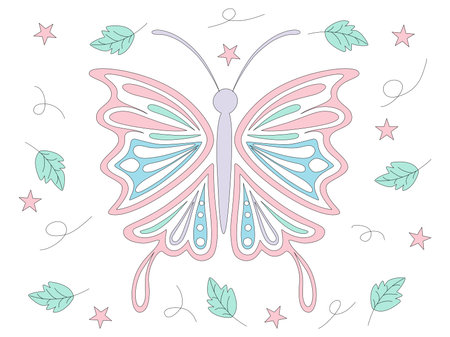 Collection of butterflies in pastel tones designed in doodle style for posters, cards, printed...