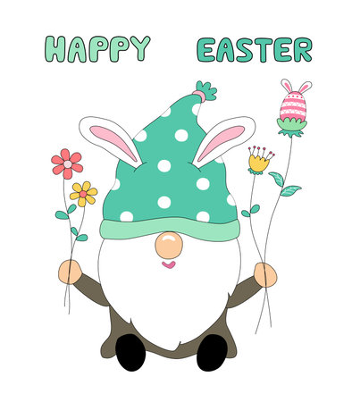 Collection Happy Easter with cute gnomes. on the theme of Easter designed with doodle style Great for decorations, backgrounds, cards, fabric patterns, pillows, mugs, kids art, stickers, and more.のイラスト素材