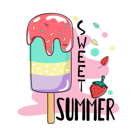 A collection of colorful hand lettering and summer illustrations designed in doodle style for cards, patterns, logos, t-shirt designs, pillow patterns, stickers, decorations, posters, fabric patternsのイラスト素材
