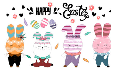 Bunny character set with cute patterns Designed in vintage doodle style for cards, stickers, t-shirt designs, print labels, pillow designs, kids t-shirts, Easter decorations and more.のイラスト素材