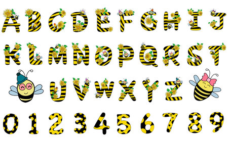 Alphabet and number, cute bee and sunflower pattern Designed with doodle style Yellow and black tones for children's t-shirt designs, craft, art for kids, stickers, fabric patterns, pillow and moreのイラスト素材
