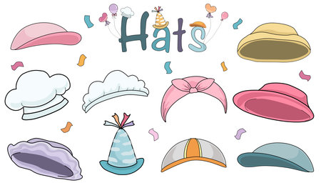 A variety of hat sets designed in simple doodle style for stickers, decorations, patterns, digital...