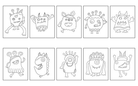 Coloring page  monster pattern set designed in doodle style for coloring, digital printing,...