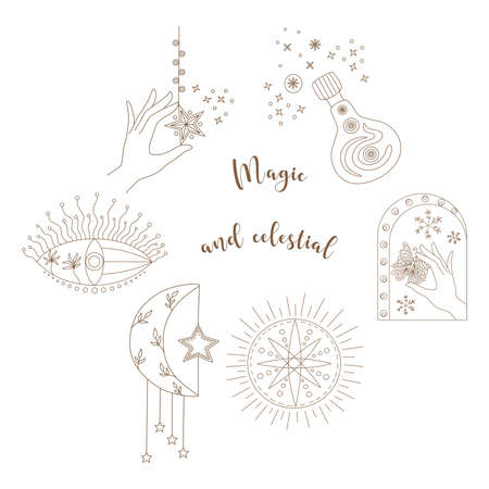 Vector set of magic and sky elements designed in doodle style, brown lines on white background for card. Digital printing, scrapbooks, tattoos, t-shirt designs, stickers, and more.のイラスト素材