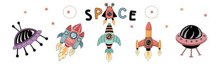 Set of space vector elements designed in doodle style on white background. Can be adapted to a variety of applications such as stickers, digital printing, art for kidsのイラスト素材