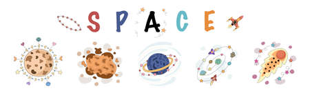 Set of space vector elements designed in doodle style on white background. Can be adapted to a variety of applications such as stickers, digital printing, art for kidsのイラスト素材