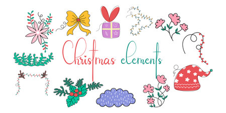 Christmas element set designed in doodle style on a white background For Christmas themed decorations, card design, digital prints, stickers, gifts, scrapbook and more.のイラスト素材