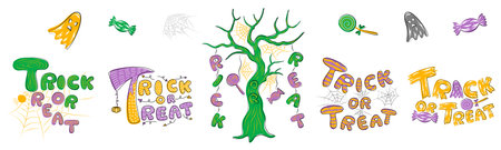 Trick or Treat hand lettering design vector, can be used in many ways such as card design, greeting card, Halloween theme decoration, scrapbook, sticker, paper patternのイラスト素材