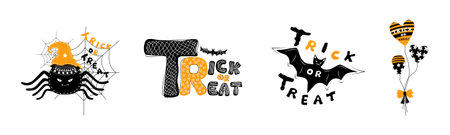 Halloween trick or treat lettering designs can be adapted for a variety of uses, including cards, Halloween themed decorations, scrapbooks, digital prints, stickers, craftsのイラスト素材