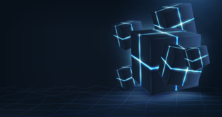 Vector realistic 3d cubes in motion with neon parts in dark background .Futuristic illustrationのイラスト素材