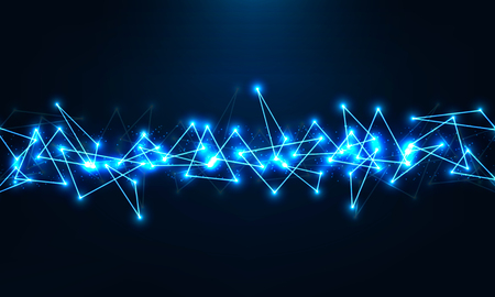 Abstract geometric technology shape of glowing particles .Neon luminous lines.Triangle shapes .Chaotic polygonal elements.Futuristic background .Vector digital 3d illustrations .Low poly wireframeのイラスト素材