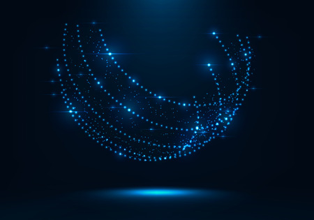 3d abstract shape consist of glowing dots . Colorful magic shiny globe . Digital connection. Blue glitter particles .Technology concept . Neon glowing and reflections .Globe Grid . Abstract circlesのイラスト素材