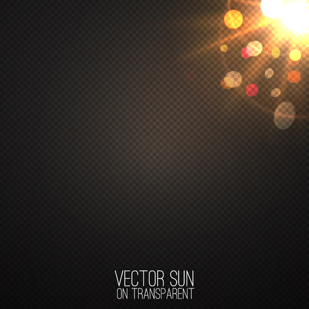 Vector realistic sun on transparent . Abstract warm light and rays with bokeh . Glowing light effect with sparkles and beams . Glowing nature object . Sunshine design . Solar lens flare illustrationのイラスト素材