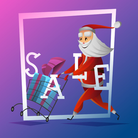 Consumer Santa Claus with  christmas and new year gift at shopping cart . Santa running at the shopping . Christmas sale concept . Sale banner or poser . Cartoon styleのイラスト素材