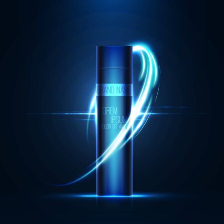 Realistic 3d tube of cream or gel with flare effect . Neon lighting swirl . Beautiful cosmetic ads . Brand presentation . Concept of packaging design . Vector illustrationのイラスト素材