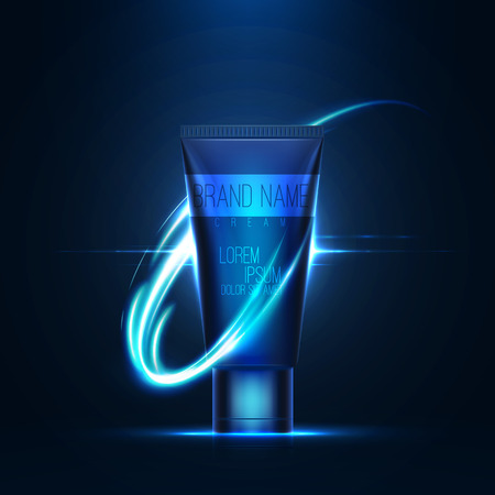 Realistic 3d tube of cream or gel with flare effect . Neon lighting swirl . Beautiful cosmetic ads . Brand presentation . Concept of packaging design . Vector illustrationのイラスト素材