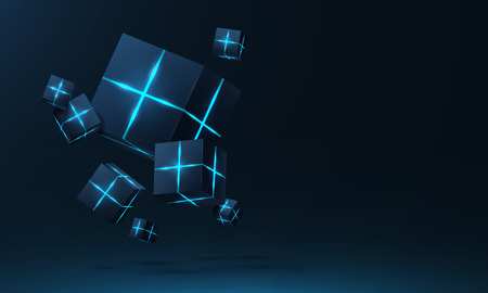 Vector realistic 3d cubes with neon parts compose on dark space background . Cyberspace ,Hi tech , futuristic vector illustration .Blockchain visual conceptのイラスト素材