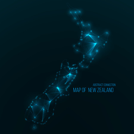 Digital web map of New Zealand. Global network connection with glowing triangular elements . Abstract country wireframe . Technology vector illustration . New Zealand futuristic polygonal shape .のイラスト素材