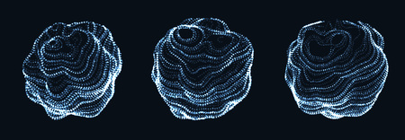 Set of corrupted point spheres. Collection of globe grids with a broken structure. Kit of 3d objects consist of glowing particlesのイラスト素材