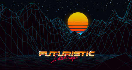 Abstract synthwave background completed in retro style. Futuristic landscape grid, sunset and starry sky. Bright typography of 80s. Retro futurism. Game environment concept. Vector illustrationのイラスト素材