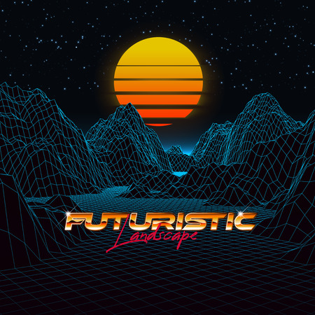 Abstract synthwave background completed in retro style. Futuristic landscape grid, sunset and starry sky. Bright typography of 80s. Retro futurism. Game environment concept. Vector illustrationのイラスト素材