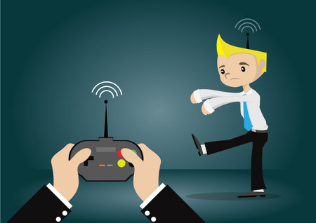 Cartoon character, young businessman that are forced by the remote control, vector eps10