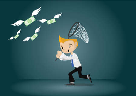 Cartoon character, Young businessman running catch money, vector eps10のイラスト素材