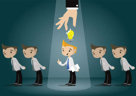 Cartoon, big hand choosing idea of businessmen., vector eps10のイラスト素材