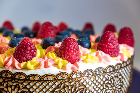 Fruit cake with own hands with berriesの写真素材