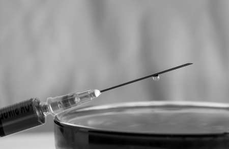 Black and white syringe with a drop on the needle 2018の写真素材