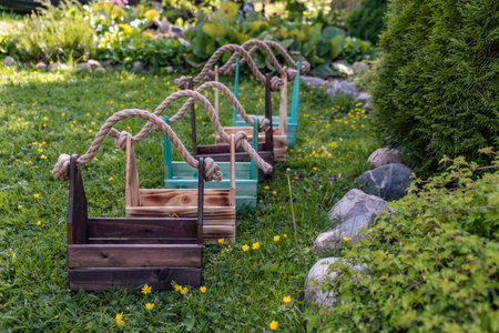 Homemade drawers with rope handles against the backdrop of nature 2018の写真素材