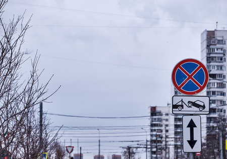 Road sign prohibiting parking, evacuation, bans in Moscow. 2019