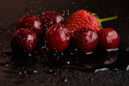 Sweet cherries with strawberries in drops of waterの写真素材