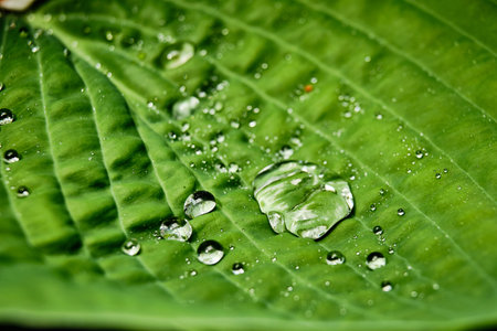 A large leaf in the drops of rain water in the afternoon