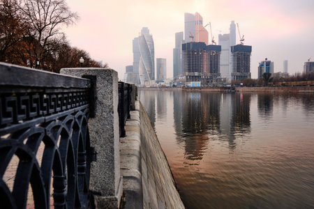 Moscow river on the background of the under construction Moscow City 2020