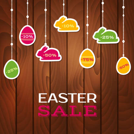 Easter sale poster with hanging price stickers on a wooden backgroundのイラスト素材