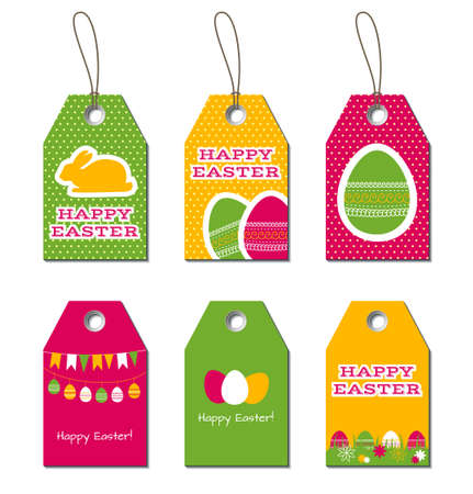 Easter tags. Easter greetings. Small gift cards for Easter design with bunny and eggsのイラスト素材