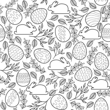 Seamless pattern with Easter eggs, bunnies and branches. May be used as a coloring bookのイラスト素材
