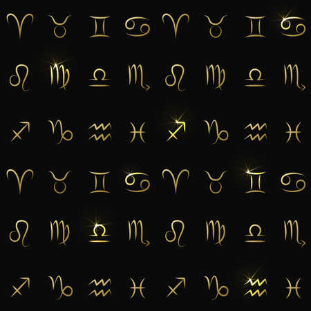 Zodiac signs seamless pattern. Astrological horoscope background with all gold shine zodiac signsのイラスト素材