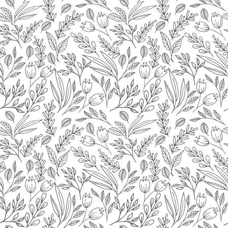 Floral seamless pattern with hand drawn flowers and plants. May be used as a coloring bookのイラスト素材